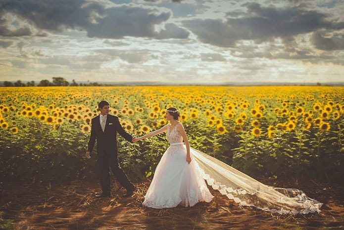deux mariés se tenant la main dans un champs de tournesols