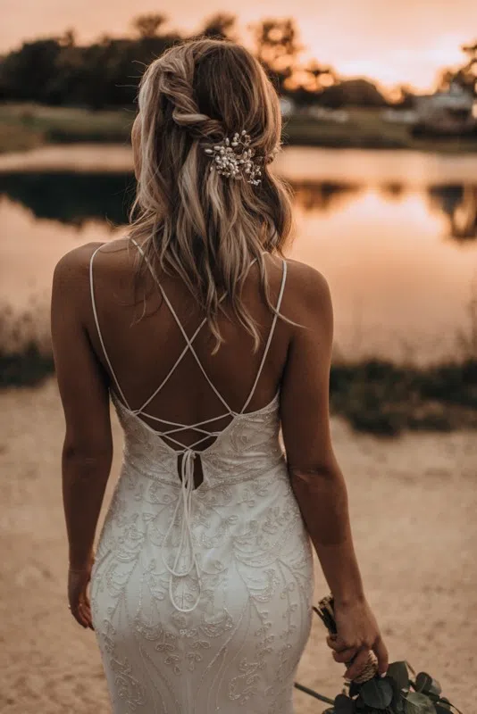 mariée de dos devant un lac au coucher de soleil avec coiffure bohème